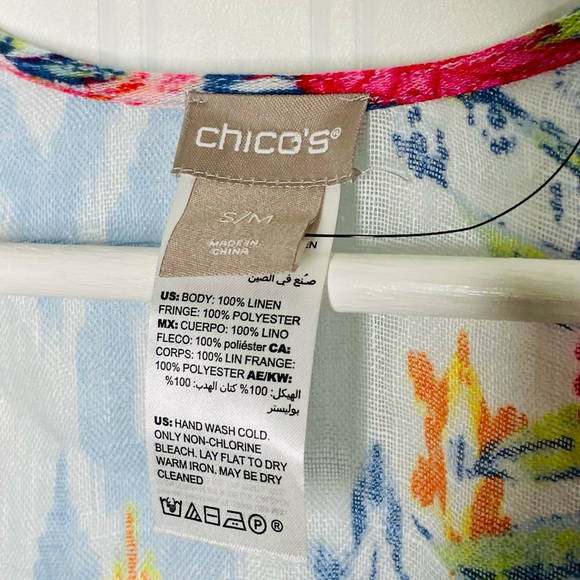 Chico’s NWOT Ikat Paradise Ruana linen fringe kimono coverup top Small/Medium - Picture 10 of 13